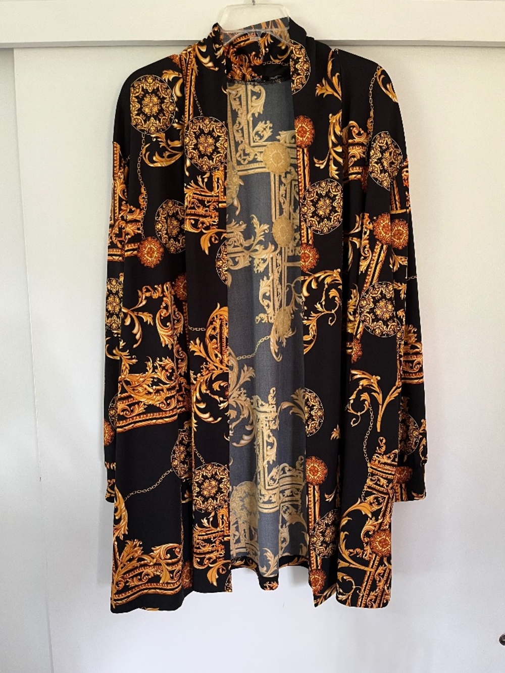 Vikki Vi 3X Black Gold Baroque Print Open Front Cardigan Duster Plus Size